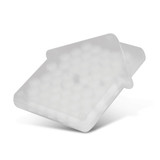A clear, mint-shaped container filled with small, round mints. The container has a subtle logo. A clear, mint-shaped container filled with small, round mints. The container has a subtle logo.