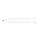 A white plastic pen with a round top and a silver nib, featuring a logo on its surface. A white plastic pen with a round top and a silver nib, featuring a logo on its surface.