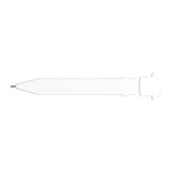 A white plastic pen with an arrow-shaped clip and a logo on the side. A white plastic pen with an arrow-shaped clip and a logo on the side.