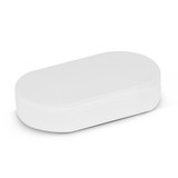 A white pill box with a smooth oval shape, featuring a logo, on a light background. A white pill box with a smooth oval shape, featuring a logo, on a light background.