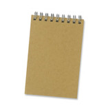 A small, brown Kraft notepad with a spiral binding at the top and blank pages. A small, brown Kraft notepad with a spiral binding at the top and blank pages.