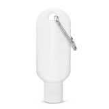 A white sunscreen bottle with a carabiner clip, containing 50ml of product. A white sunscreen bottle with a carabiner clip, containing 50ml of product.