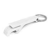A drink bottle opener key ring in white, featuring a curved opening mechanism and a metal key ring attachment. A drink bottle opener key ring in white, featuring a curved opening mechanism and a metal key ring attachment.