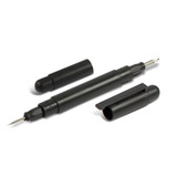 A black pocket screwdriver set featuring a main screwdriver and two interchangeable tips, packaged with a protective cover. A black pocket screwdriver set featuring a main screwdriver and two interchangeable tips, packaged with a protective cover.