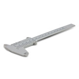 A grey vernier caliper with a straight measurement scale and a branded logo.