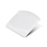 A compact ice scraper in translucent white plastic with a curved edge and textured scraping side. A compact ice scraper in translucent white plastic with a curved edge and textured scraping side.
