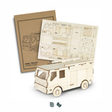 A wooden model of a fire truck, featuring detailed cut-outs and assembly instructions on a backing sheet.