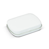 A rectangular white mint tin with a hinged lid and a sleek design. It features a logo on the side. A rectangular white mint tin with a hinged lid and a sleek design. It features a logo on the side.