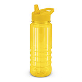 A drink bottle in bright yellow with a straw and a flip-top lid, featuring a logo. A drink bottle in bright yellow with a straw and a flip-top lid, featuring a logo.