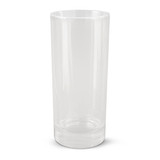 A clear, tall glass tumbler with a smooth finish and a solid base, featuring a logo. A clear, tall glass tumbler with a smooth finish and a solid base, featuring a logo.