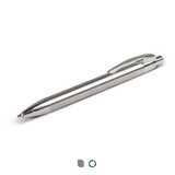 A recycled stainless steel pen with a sleek, silver finish and a clip, featuring a logo on the surface.