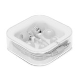 A set of silver and grey Helio Earbuds neatly packaged in a transparent square case. A set of silver and grey Helio Earbuds neatly packaged in a transparent square case.