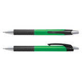 A green plastic pen with a textured black grip and silver accents, featuring a logo on the barrel.