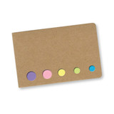 A brown card with five round sticky flags in purple, pink, yellow, green, and blue. The card features a logo. A brown card with five round sticky flags in purple, pink, yellow, green, and blue. The card features a logo.