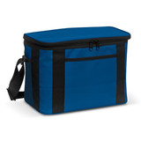 A blue cooler bag with black accents and a zip closure, featuring a side pocket and an adjustable strap. A blue cooler bag with black accents and a zip closure, featuring a side pocket and an adjustable strap.