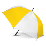 A large sports umbrella featuring a vibrant yellow and white design, with a black handle and a logo. A large sports umbrella featuring a vibrant yellow and white design, with a black handle and a logo.