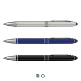 A set of three stylus pens in grey, blue, and black, each featuring a silver clip and branding.