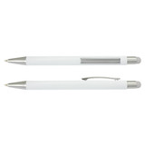 A white stylus pen with a metallic clip and tip, featuring a transparent section. It has a logo on the barrel. A white stylus pen with a metallic clip and tip, featuring a transparent section. It has a logo on the barrel.