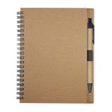 A brown spiral-bound notebook with a pen attached, featuring a plain cover and a minimalist design. A brown spiral-bound notebook with a pen attached, featuring a plain cover and a minimalist design.