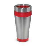 A drink bottle made of stainless steel with a sleek silver body and a vibrant red silicone grip and lid. A drink bottle made of stainless steel with a sleek silver body and a vibrant red silicone grip and lid.