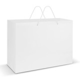 A large white laminated carry bag with rope handles and a blank surface, featuring a logo. A large white laminated carry bag with rope handles and a blank surface, featuring a logo.