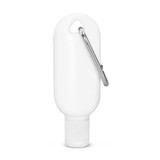 A white sunscreen bottle with a silver carabiner attached, holding 30ml of product. A white sunscreen bottle with a silver carabiner attached, holding 30ml of product.