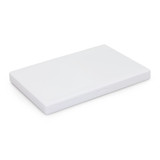 A white rectangular box, flat with rounded edges, featuring a smooth surface. It has a small logo. A white rectangular box, flat with rounded edges, featuring a smooth surface. It has a small logo.