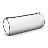 A cylindrical pencil case in white with a black zipper and trim, featuring a branding logo. A cylindrical pencil case in white with a black zipper and trim, featuring a branding logo.