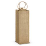 A jute wine carrier in natural brown with a rope handle, designed for holding a single bottle. A jute wine carrier in natural brown with a rope handle, designed for holding a single bottle.
