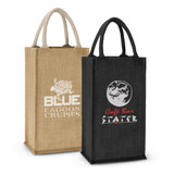 A jute double wine carrier in natural and black with handles, featuring logos on each side.