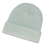 A light mint green beanie with a folded cuff, featuring a simple logo on the front. A light mint green beanie with a folded cuff, featuring a simple logo on the front.