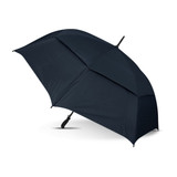 A large, dark blue sports umbrella with a sturdy handle and a modern design, featuring a branding logo. A large, dark blue sports umbrella with a sturdy handle and a modern design, featuring a branding logo.