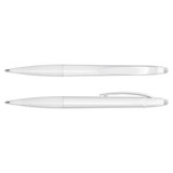 A white stylus pen with a smooth finish and silver accents, featuring a logo on its side. A white stylus pen with a smooth finish and silver accents, featuring a logo on its side.