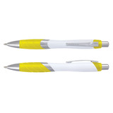 A plastic pen with a white barrel and yellow grip, featuring silver accents and a clip. A plastic pen with a white barrel and yellow grip, featuring silver accents and a clip.