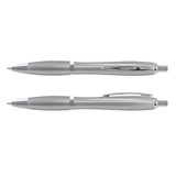 A set of silver plastic pens with a sleek design and chrome accents, featuring a logo on one pen. A set of silver plastic pens with a sleek design and chrome accents, featuring a logo on one pen.