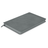 A medium-sized notebook in a soft grey finish with a ribbon bookmark and a textured cover. A medium-sized notebook in a soft grey finish with a ribbon bookmark and a textured cover.