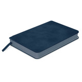 A small navy blue notebook with a textured cover and a ribbon bookmark. It has a logo on the cover. A small navy blue notebook with a textured cover and a ribbon bookmark. It has a logo on the cover.