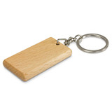 A rectangular wooden key ring with a silver metal keychain attachment. A rectangular wooden key ring with a silver metal keychain attachment.