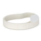 A white jar and bottle opener featuring a textured grip and a curved design, with a logo on one side. A white jar and bottle opener featuring a textured grip and a curved design, with a logo on one side.