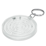 A clear plastic key ring featuring a maze design with two small silver balls inside. A clear plastic key ring featuring a maze design with two small silver balls inside.
