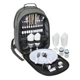 A grey picnic backpack containing cutlery, plates, glasses, and salt and pepper shakers, neatly organised inside. A grey picnic backpack containing cutlery, plates, glasses, and salt and pepper shakers, neatly organised inside.