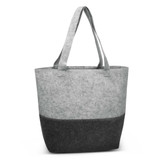 A grey felt tote bag featuring a darker base and sturdy shoulder straps. It has a logo on the side. A grey felt tote bag featuring a darker base and sturdy shoulder straps. It has a logo on the side.