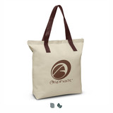 A cream tote bag with brown handles and a logo on the front.