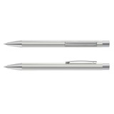 A metal pen in silver, featuring a sleek design with a transparent barrel and a clip. It includes a brand logo.