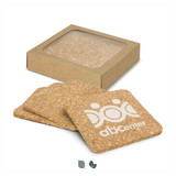 A set of four square cork coasters in a natural colour, packaged in a kraft box with a logo. A set of four square cork coasters in a natural colour, packaged in a kraft box with a logo.
