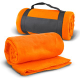 An orange fleece blanket rolled and secured with a strap, featuring a black handle. An orange fleece blanket rolled and secured with a strap, featuring a black handle.
