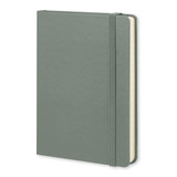 A pocket-sized notebook with a hard cover in a muted green colour, featuring a bookmark and elastic closure. A pocket-sized notebook with a hard cover in a muted green colour, featuring a bookmark and elastic closure.