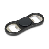 A drink bottle opener in black with a central spinner and two metal bottle opener ends. It features a logo. A drink bottle opener in black with a central spinner and two metal bottle opener ends. It features a logo.