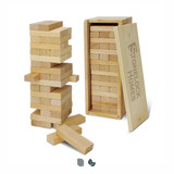 A wooden tumbling tower game with natural timber blocks, featuring a storage box with a logo. A wooden tumbling tower game with natural timber blocks, featuring a storage box with a logo.