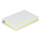 A sticky note pad with a light grey cover and yellow sticky notes inside, featuring a branding logo. A sticky note pad with a light grey cover and yellow sticky notes inside, featuring a branding logo.